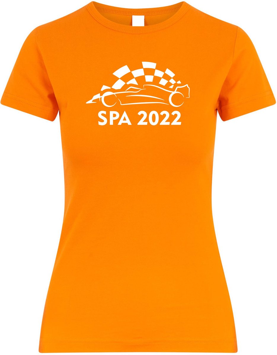 Dames t-shirt Spa 2022 met raceauto | Max Verstappen / Red Bull Racing / Formule 1 fan | Grand Prix Circuit Spa-Francorchamps | kleding shirt | Oranje | maat XL